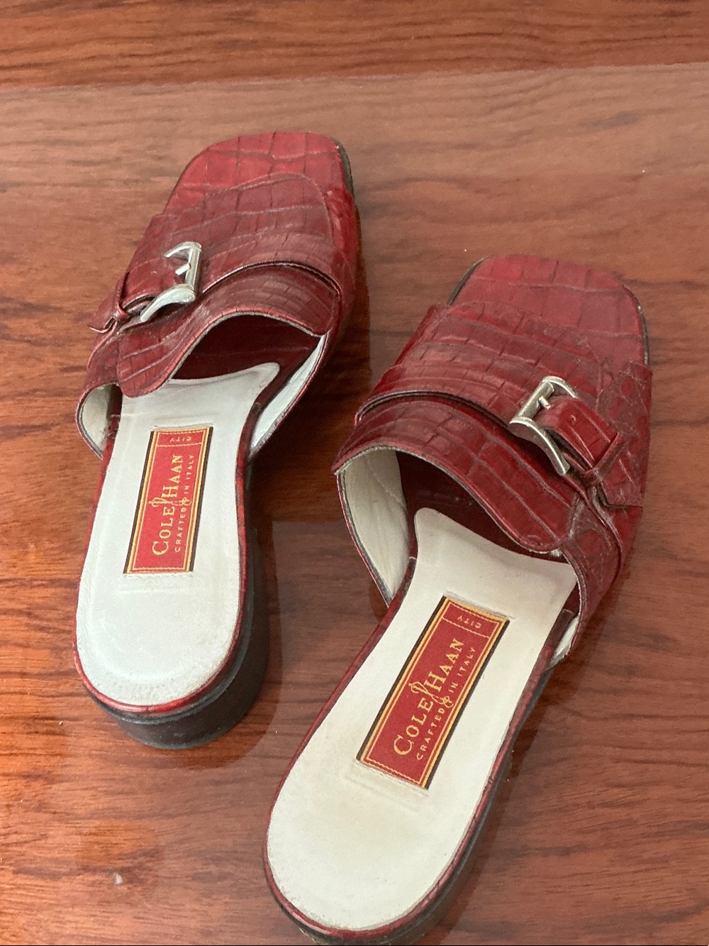 Cole Haan Red Croc-Embossed Buckle Slip-On Mules